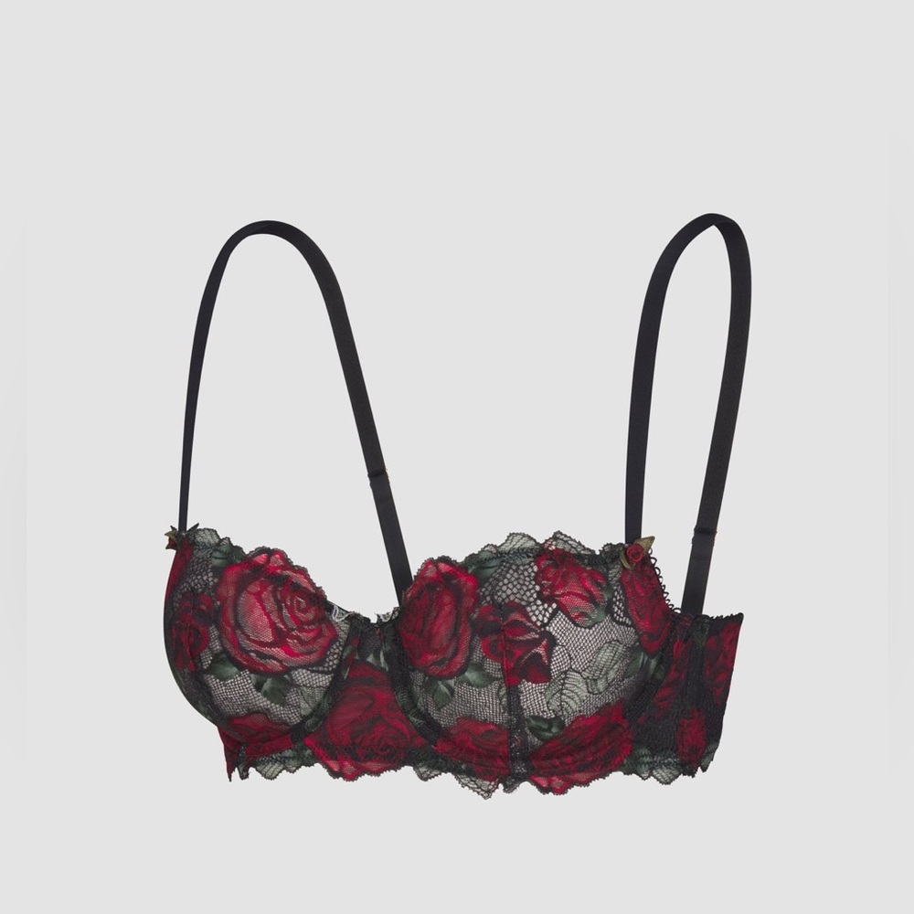 Savage x Fenty Black and Red Roses Lace Balconette Bra